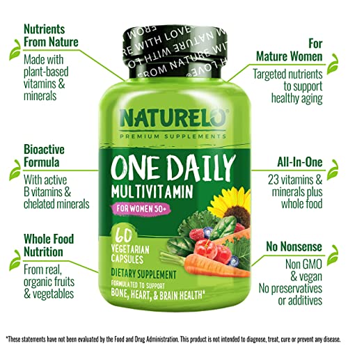 NATURELO One Daily Multivitamin for Women 50+ (Iron Free) - Menopause Support for Women Over 50 - Whole Food Supplement - Non-GMO - No Soy - 60 Capsules - 2 Month Supply