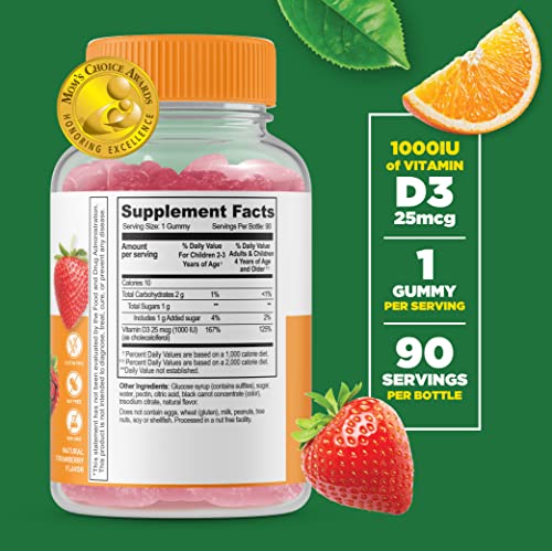 Lifeable Vitamin D for Kids 1000 IU - Great Tasting Natural Flavor Gummy Supplement - Gluten Free Vegetarian GMO Free Chewable - for Strong Healthy Bones and Immune Support - for Children 90 Gummies