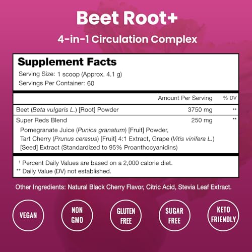 Beet Root Powder Circulation Supplement | Superfood Powder Nitric Oxide Supplement with Beetroot Juice, Super Reds Powder & Grape Seed Extract | No Sugar Beet Supplement