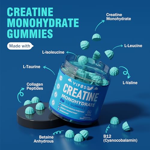 Creatine Monohydrate Gummies 5g for Men & Women, 120 Creatine Sugar Free Gummies with BCAA 1000 mg, Collagen Peptides, Taurine, B12, Chewables Creatine for Muscle Support, Energy Boost, 1Pack