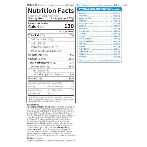 Organic Vegan Vanilla Protein Powder - Garden of Life – 22g Complete Plant Based Raw Protein & BCAAs plus Probiotics & Digestive Enzymes for Easy Digestion – Non-GMO, Gluten-Free, Lactose Free 1.5 LB