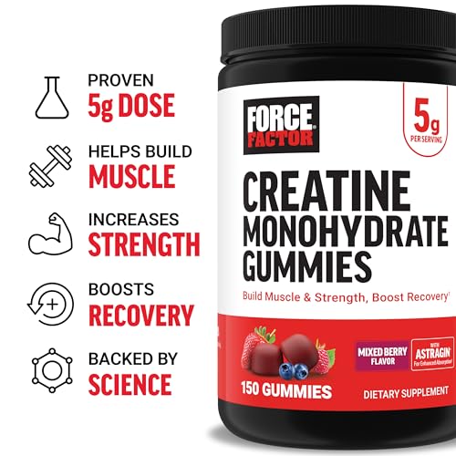 Force Factor Creatine Gummies, Creatine Monohydrate for Muscle Gain, More Strength, and Faster Recovery, Clinically Proven Creatine 5g Dose, Mixed Berry, 30 Servings