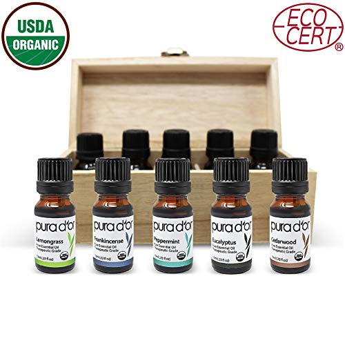 PURA D'OR Organic Perfect10 Essential Oils Set - 10x 10mL Wood Box Aromatherapy Gift Set - 100% Pure Therapeutic Grade for Relaxation and Wellness (Lavender, Peppermint, Eucalyptus, Tea Tree & More)
