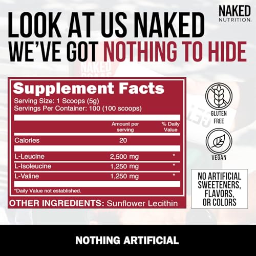 NAKED BCAAs Amino Acids Powder, Only 1 Ingredient, Pure 2:1:1 Formula, Vegan Unflavored Branched Chain Amino Acids, Instantized All Natural BCAA Supplement - 500 Grams, 100 Servings