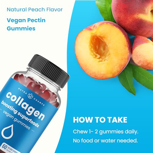 Collagen Boosting Gummies | Collagen Booster Gummy for Natural Collagen Production | Hair, Skin, Nails, Joint Support | Vegan Pectin Supplements Chews for Women & Men | 60 Peach Vitamins Gummies