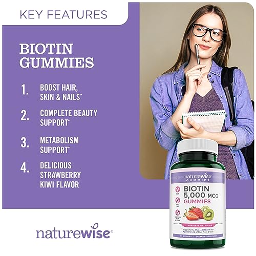 NatureWise Biotin Gummies - Hair, Skin and Nails Supplement - Vitamin B7 5000mcg Supports Hair and Nail Strength - Strawberry-Kiwi Flavor - Vegan, Non-GMO, Gluten Free - 180 Count[3-Month Supply]