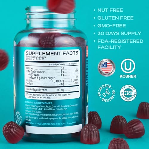 Biotin 10000mcg - Biotin Gummies for Hair Growth, Healthy Skin and Nails, Max Strength - Non-GMO and Gluten Free Biotin Vitamins - Biotin and Collagen Supplement for Women and Men - 60 pcs