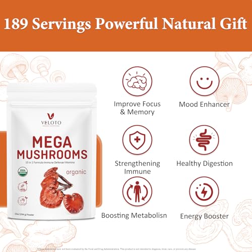 Organic Mega Mushroom Powder Blend, 10 in 1 Complex Mushroom Extract Powder Herbal Supplement with Reishi, Cordyceps, Chaga, Lion's Mane, Vegan & More, Sustainably US Grown, Filler Free, 10oz