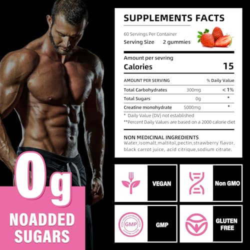 Creatine Monohydrate Gummies 5000mg for Men & Women, Gomitas de Creatina 5g Creatine Monohydrate, 0g Sugar Chewables Creatine Pre-Work Out for Muscle Strength, Vegan,120 Count (120 Count, Strawberry)