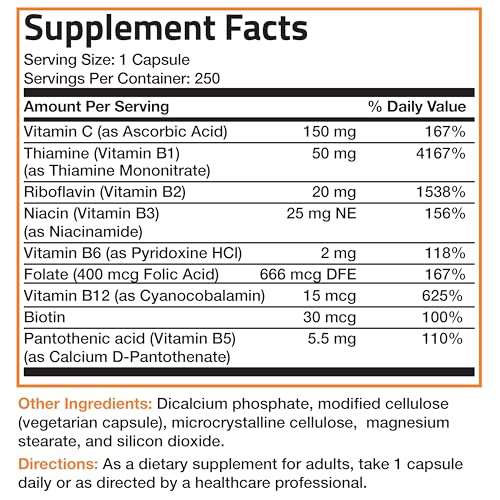 Bronson Vitamin B Complex with Vitamin C - Immune Health, Energy Support & Nervous System Support - Non-GMO, 250 Vegetarian Capsules