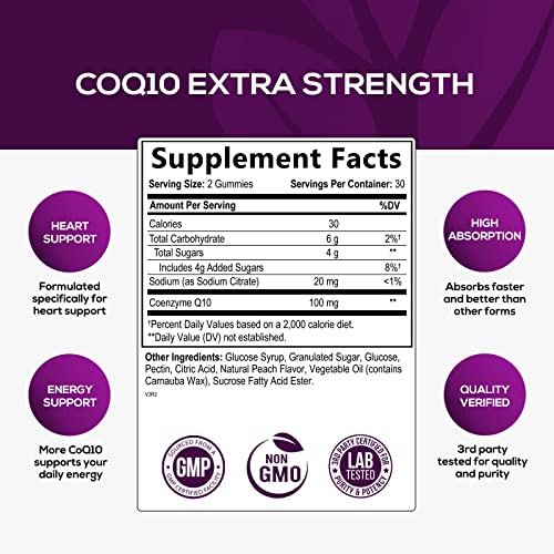 CoQ10 100mg Gummies - 3X Better Absorption, Antioxidant for Heart Health Support & Energy Production, Ultra Coenzyme Q10 Vitamins, Coq 10 Supplements, Dietary Supplement, Non-GMO - 60 CoQ10 Gummies