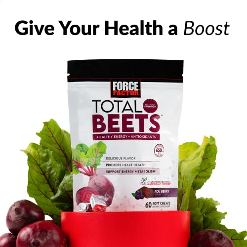 Force Factor Total Beets Soft Chews with Beetroot, Nitrates, L-Citrulline, Grapeseed Extract, and Antioxidants, Healthy Energy Supplement with Elite Ingredients, Heart Health Superfood, 60 Chews