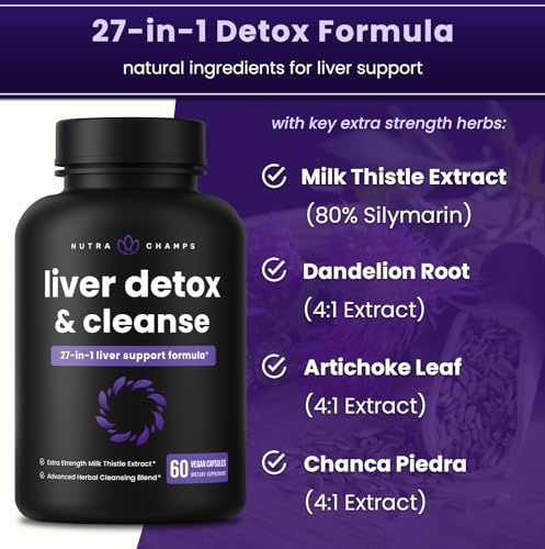 Liver Cleanse Detox & Repair Formula | 20+ Herbs: Milk Thistle Extract with Silymarin, Artichoke, Dandelion, Chicory Root Powder & More! | Premium Liver Support Pills Supplement, 60 Capsules