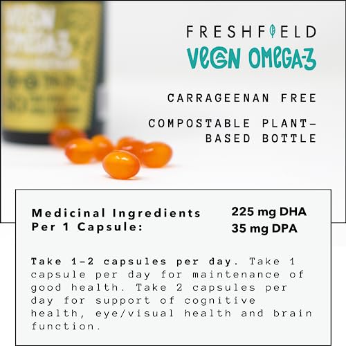 Freshfield Vegan Omega 3 DHA: Sustainably Sourced, Tested, GMP, Premium, Carrageenan Free, Compostable Bottle, Fish Oil Replacement, Carbon Neutral. Supports Heart, Brain, Joint Health w/DPA