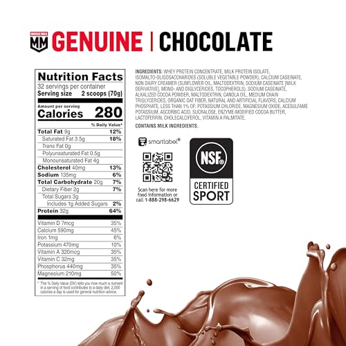 Muscle Milk Genuine Protein Powder, Chocolate, 4.94 Pound, 32 Servings, 32g Protein, 2g Sugar, Calcium, Vitamins A, C & D, NSF Certified for Sport, Energizing Snack, Packaging May Vary