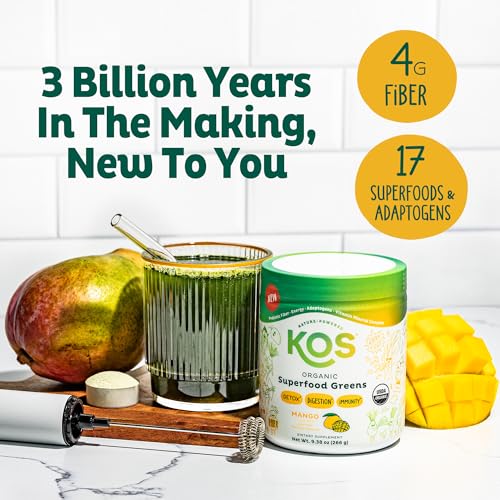 KOS Organic Superfood Greens Powder - Gut Health from Prebiotic Fiber, Supergreens and Adaptogens - USDA Certified Organic, Made in a GMP Certified Facility - 28 Servings Mango