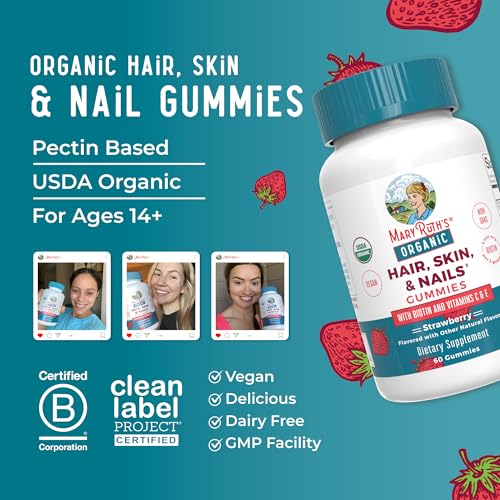 MaryRuth Organics Hair | Skin | and Nails Vitamins | Biotin Gummies with Vitamin C & Vitamin E | Hair Growth Vitamins | Skin Care | Nail Strength | USDA Organic Gummies for Ages 14+ | 60 Count