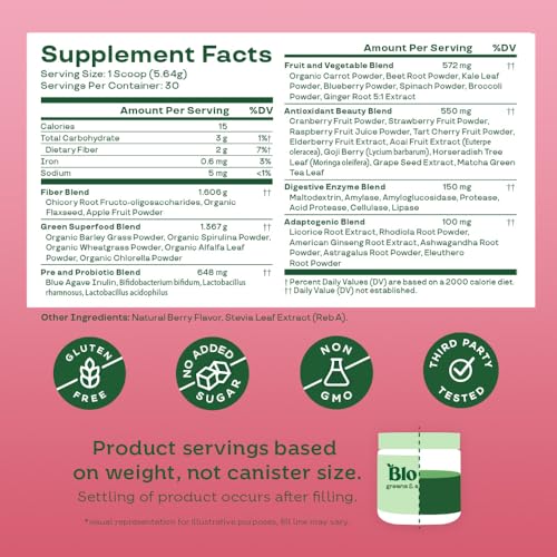 Bloom Nutrition Superfood Greens Powder, Digestive Enzymes with Probiotics and Prebiotics, Gut Health, Bloating Relief for Women, Chlorella, Green Juice Mix with Beet Root Powder, 30 SVG, Berry