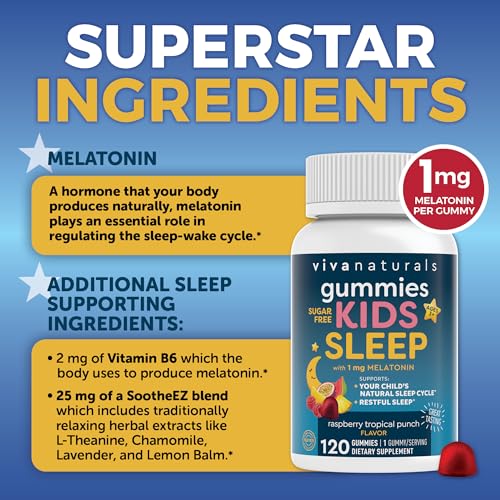 Kids Sleep Gummies with Melatonin 1 mg - Vegan, Gluten and Sugar-Free Chewable Sleep Support Gummy for Children Ages 3+ - for Calming & Occasional Restlessness - 120 Count - Raspberry Tropical Punch