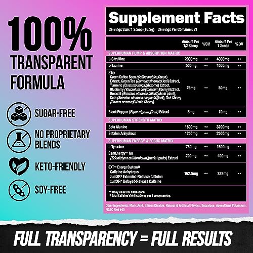 ALPHA LION Superhuman Pre Workout Powder, Beta Alanine, L-Taurine & Tri-Source Caffeine for Sustained Energy & Focus, Nitric Oxide & Citrulline for Pump (21 Servings, Miami Vice)