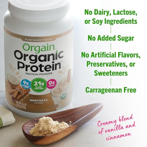 Orgain Organic Vegan Protein Powder, Horchata - 21g Plant Based Protein, 9g Prebiotic Fiber, Low Net Carb, No Lactose Ingredients, No Added Sugar, Non-GMO, For Shakes & Smoothies, 2.03 lb