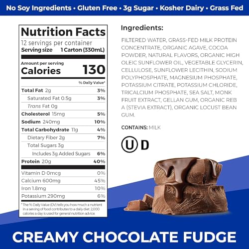 Orgain Clean Protein Shake, Grass Fed Dairy, Creamy Chocolate Fudge - 20g Whey High Protein, Kosher, Ready to Drink, Low Net Carbs, Gluten Free, No Soy Ingredients, 11 Fl Oz (Pack of 12)