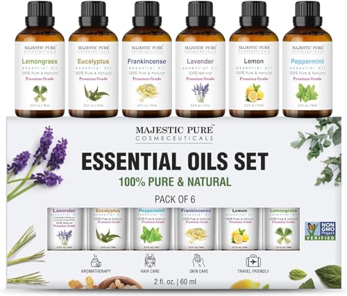 Majestic Pure 100% Pure Essential Oils Set - 6 x 10ml (Peppermint, Lavender, Eucalyptus, Tea Tree, Lemongrass) For Diffusers, Aromatherapy, Candles, Humidifiers