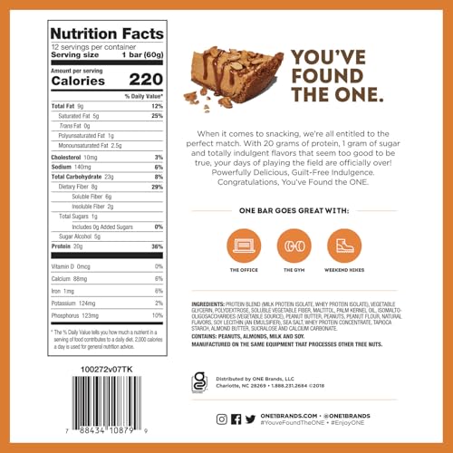 ONE Protein Bars, Peanut Butter Pie, Gluten Free Protein Bars with 20g Protein and 1g Sugar, Pantry Staples, 2.12 oz (12 Count)