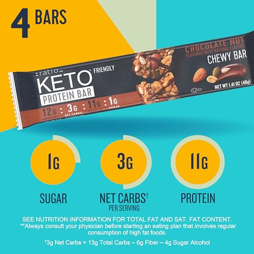 Ratio Chewy Protein Bar, Chocolate Nut, 11g Protein, Keto Friendly, 5.6 OZ (4 Bars)