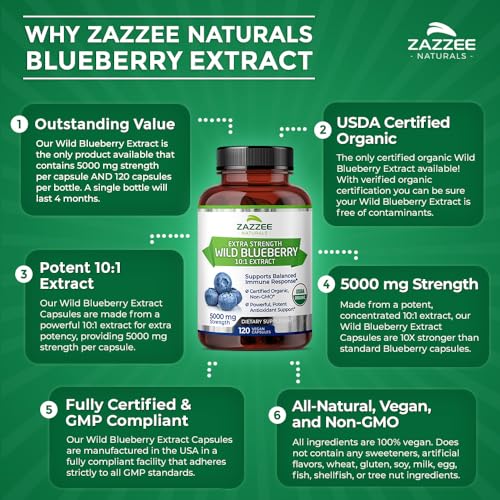 Zazzee USDA Organic Wild Blueberry 10:1 Extract, 5000 mg Strength, 120 Vegan Capsules, 4 Month Supply, Concentrated and Standardized 10X Whole Fruit Extract, 100% Vegetarian, All-Natural and Non-GMO