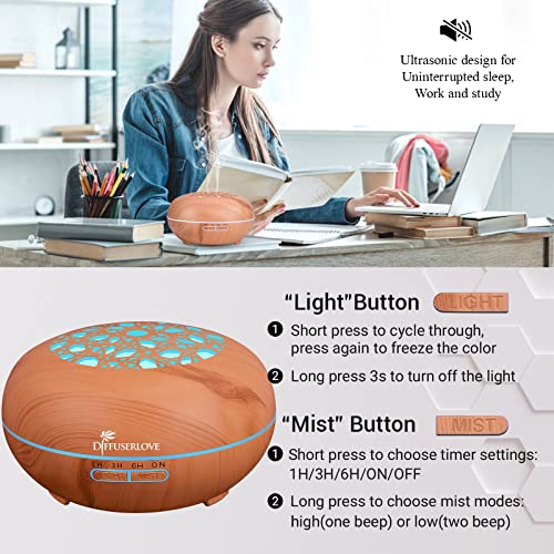 Diffuserlove Essential Oil Diffuser 550ML Diffuser Remote Control Wood Grain Aroma Diffuser Cool Mist Humidifier with 4 Timer, 7 Color LED Lights, Auto Shut-Off for Home Bedroom Office
