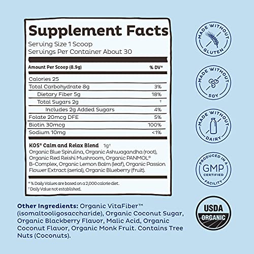 KOS Calming Blue Spirulina Blend- USDA Certified Organic - Algae Superfood Powder with Ashwagandha Root, Lemon Balm, Reishi Mushroom, B Vitamins - Berry Coconut Cooler Flavor, 28 Servings