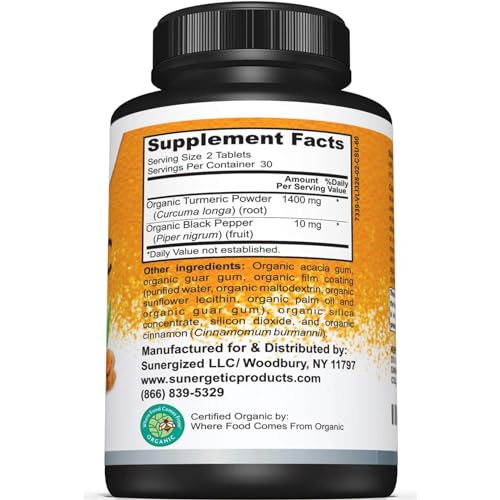 USDA Certified Organic Turmeric Supplement – Includes Organic Turmeric & Organic Black Pepper – 1,400mg of Turmeric per Serving - 60 Count (Pack of 1)