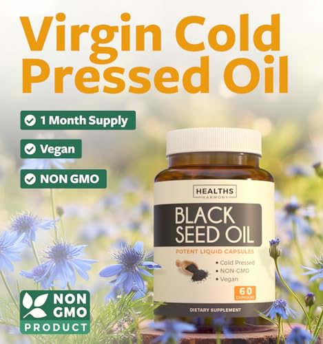 Black Seed Oil - 60 Softgel Capsules (Non-GMO & Vegan) Premium Cold-Pressed Nigella Sativa Producing Pure Black Cumin Seed Oil with Vitamin E - 500mg Each, 1000mg Per 2 Capsule Serving