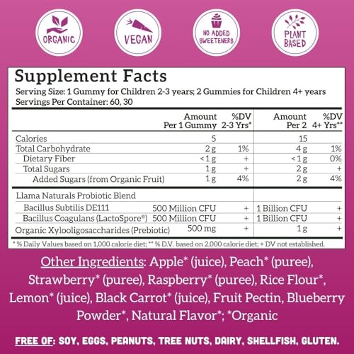 Llama Naturals Real Fruit Prebiotic & Probiotic Kids Gummies, No Added Sugar Cane, Vegan Organic Synbiotics, Children Digestion, Toddler Tummy Aches, Gut Health, 2B CFU, 60 ct (30 Days) Mixed Berry