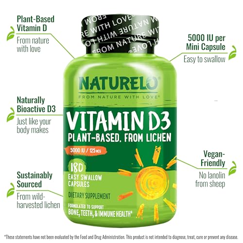 NATURELO Vitamin D - 5000 IU - Plant Based from Lichen - Natural D3 Supplement for Immune System, Bone Support, Joint Health - High Potency - Vegan - Non-GMO - Gluten Free - 180 Capsules