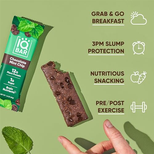 IQBAR Brain and Body Keto Protein Bars - Chocolate Mint Chip - 12-Count Energy Bars - Low Carb/Sugar - High Fiber Meal Replacement Bars - Vegan Snacks