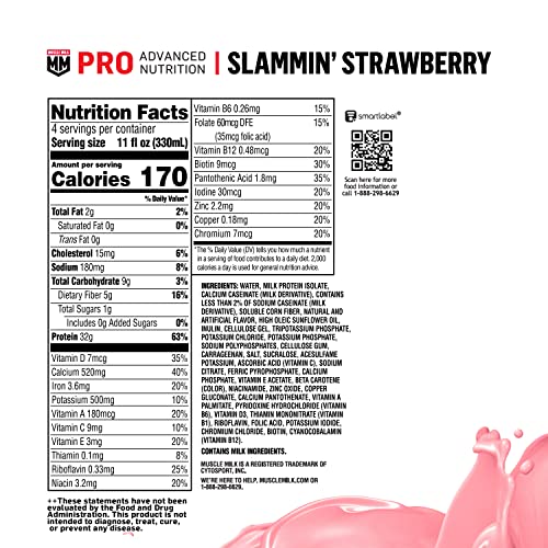 Muscle Milk Pro Advanced Nutrition Protein Shake, Slammin' Strawberry, 11 Fl Oz Carton, 12 Pack, 32g Protein, 1g Sugar, 16 Vitamins & Minerals, 5g Fiber, Workout Recovery, Bottle, Packaging May Vary