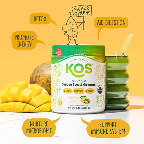 KOS Organic Superfood Greens Powder - Gut Health from Prebiotic Fiber, Supergreens and Adaptogens - USDA Certified Organic, Made in a GMP Certified Facility - 28 Servings Mango