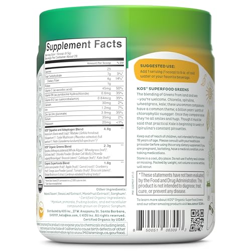 KOS Organic Superfood Greens Powder - Gut Health from Prebiotic Fiber, Supergreens and Adaptogens - USDA Certified Organic, Made in a GMP Certified Facility - 28 Servings Mango