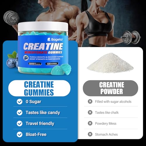 Creatine Monohydrate Gummies 5000mg for Men & Women, Gomitas de Creatina 5g Creatine Monohydrate, 0g Sugar Chewables Creatine Pre-Work Out for Muscle Strength, Vegan,120 Count (120 Count, Blueberry)