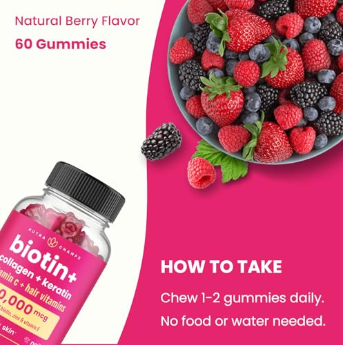 NutraChamps Hair Skin & Nails Gummies | Biotin with Collagen & Keratin | 5000mcg Biotin Beauty Complex | Vitamin Supplement for Women & Men | Berry | Healthy Hair, Radiant Skin & Strong Nails