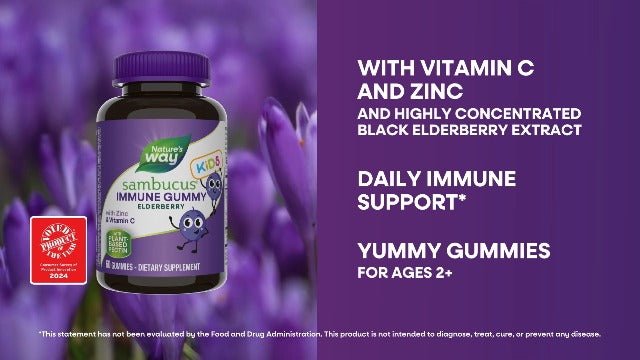 Nature's Way Sambucus Elderberry Immune Gummies for Kids, Immune Support Gummies*, with Black Elderberry Extract, Vitamin C and Zinc, 60 Gummies (Packaging May Vary)