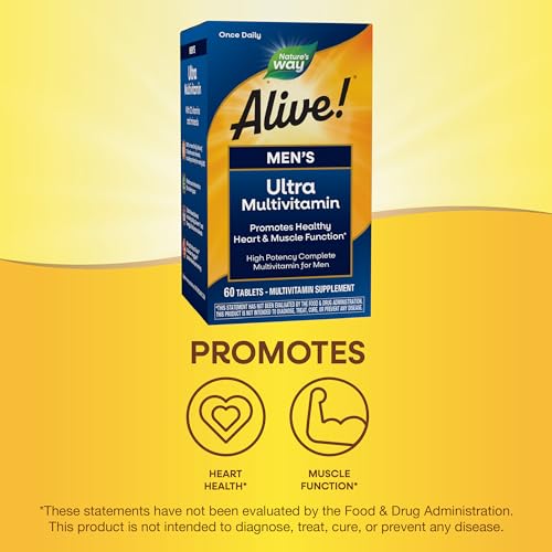 Nature's Way Alive! Men's Daily Ultra Multivitamin, High Potency Formula, Promotes Healthy Heart & Muscle Function*, with Methlyated B12, Gluten Free, 60 Tablets (Packaging May Vary)