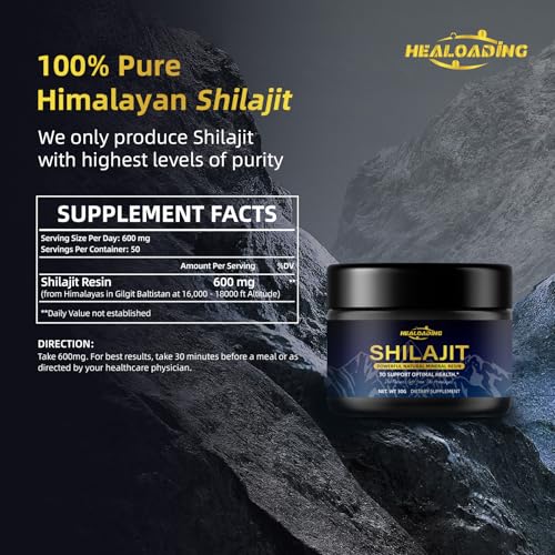 HEALOADING Shilajit for Men 600mg Pure Shilajit Resin Gold Grade Shilajit Pure Himalayan Organic with 85+ Trace Minerals & 75%+Fulvic Acid for Energy, Immune Support