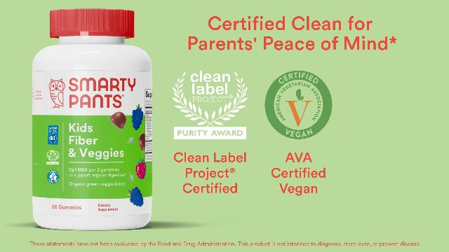 SmartyPants Kids Fiber & Veggies: Prebiotic Fiber Gummies for Kids, Fiber Supplement with Inulin, Organic Green Veggie Blend, Vegan, Gluten Free, Mixed Berry Flavor, 60 Count (30 Day Supply)