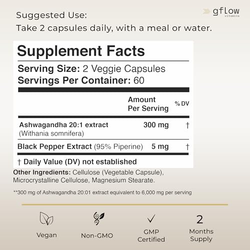 Ashwagandha Supplements - ashwagandha Powder Capsules Extra Strength with Black Pepper | Mood Support, Focus, Energy Support | Vegan Friendly, Non-GMO, Made in USA