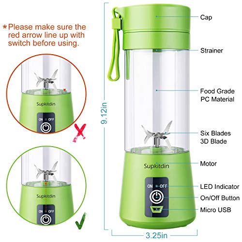 Portable, Personal Mixer Rechargeable with USB, Mini Blender for Smoothie, Fruit Juice, Milk Shakes, 380ml, Six 3D Blades for, 9.12x3.25x3.25 inch, Green