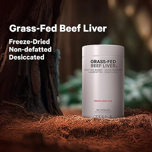 Codeage Grass Fed Beef Liver Supplement Superfood, Freeze Dried, Non-Defatted, Desiccated Beef Liver Glandulars Bovine Pills, Liver Health, Pasture Raised Beef Vitamins, Non-GMO, 180 Capsules