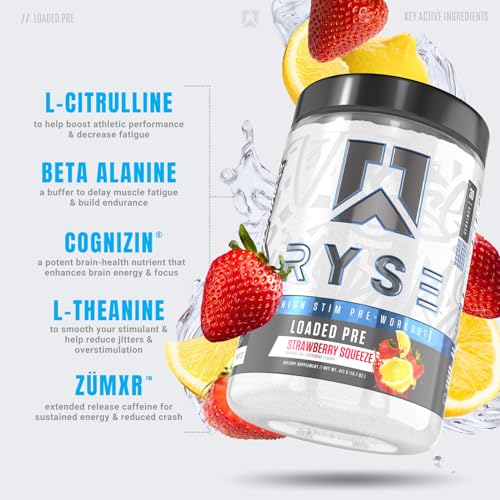 Ryse Loaded Pre Workout Powder Supplement for Men & Women | Pumps, Energy, Focus | Beta Alanine + Citrulline | 390mg Caffeine | 30 Servings (Strawberry Squeeze)